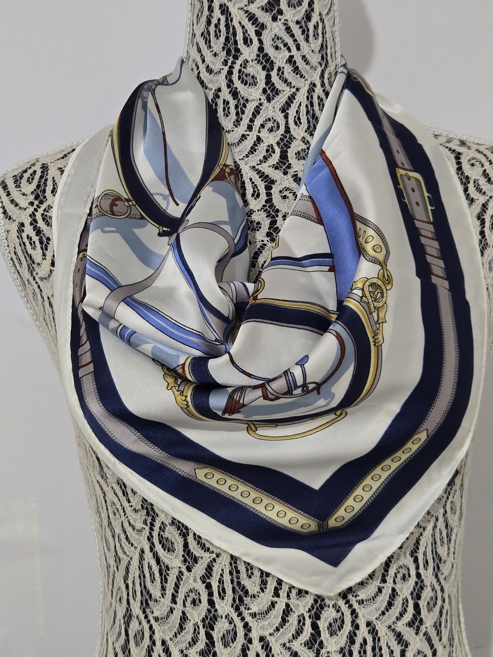 Silk-Feel Navy & White Printed Women's Scarf